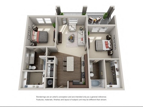 Floor plan for 2 beds, 2 baths, 1058 sqft